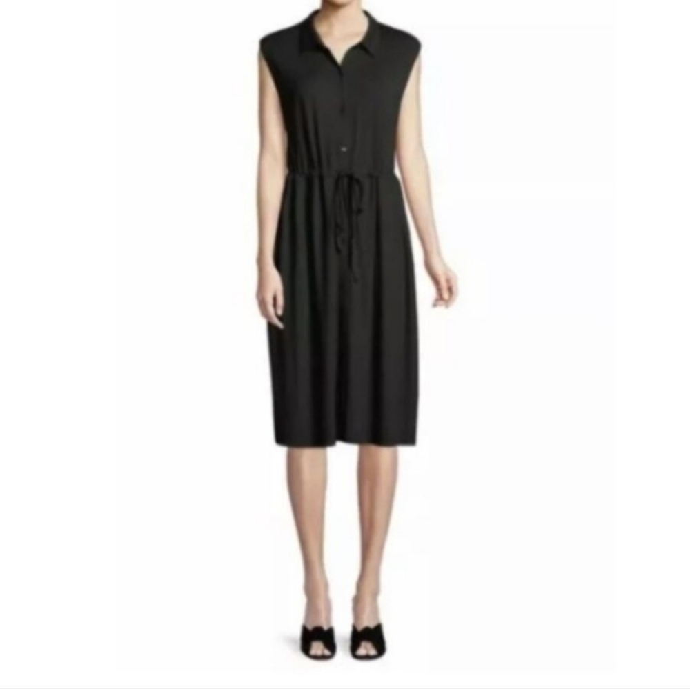 EILEEN FISHER Sleeveless Lightweight Button Front Drawstring Midi Shirt Dress xs